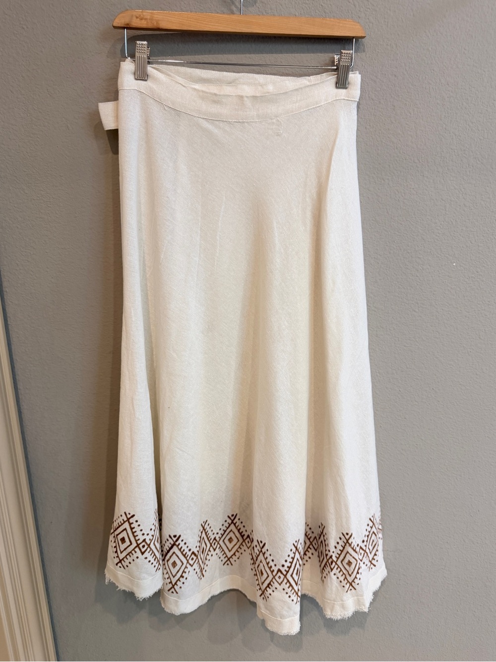 Handmade Boho Wrap Maxi Skirt Ivory Brown Geometric Print One Size - Picture 2 of 12